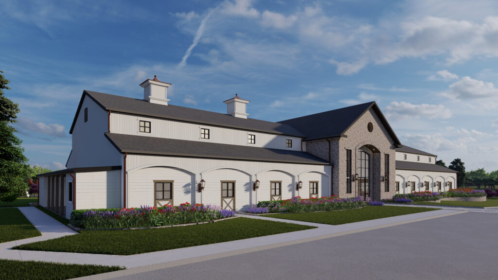 A rendering of The Blue Magnolia’s front exterior, showcases the all-in-one roof covering the bride’s area, chapel and reception space. (Courtesy of Blue Magnolia)