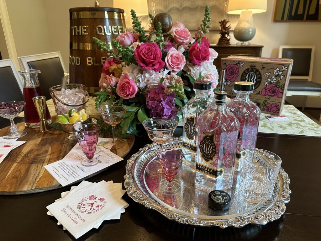 The perfect setting for Queen Bee Osmia Vodka, allergen-free, ultra-premium, luxe vodka, in the Tanglewood home of Kim Martin.