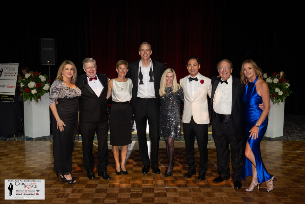 Caption Past chairs of The Woodlands Chamber of Commerce Nina Marino (2010-2011), Stuart Lapp (2018-2019), Julie Ambler (2021-2022), Jim Carman (2022-2023), Dr. Ann K. Snyder (2011- 2012), Brian Albert (2023-2024), Frank Holmes (2017-2018) and Amy Milstead (2013-2014) come together. (Photo courtesy of Daily Productions) Description