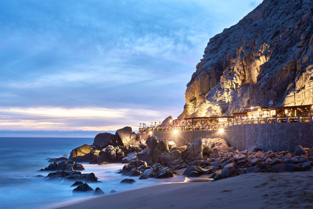 The iconic El Farallon restaurant, built into the cliffside at the Waldorf Astoria Los Cabos Pedregal.