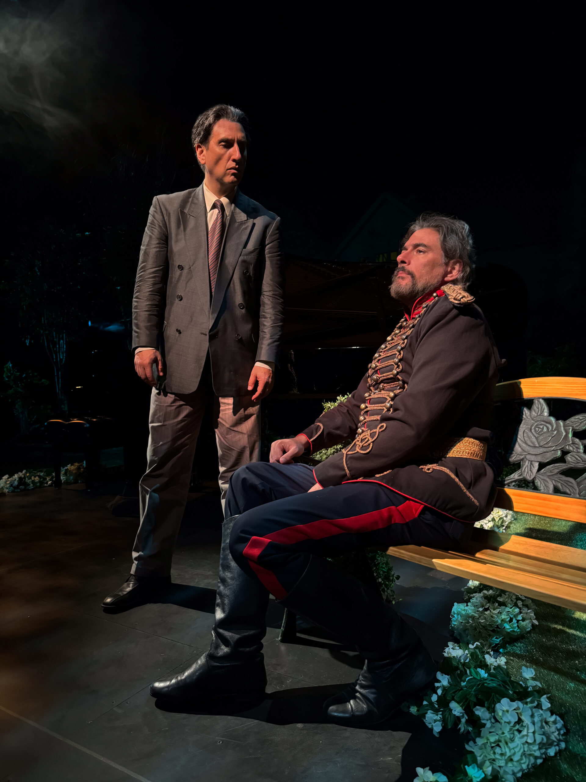 Hershey Felder and Jonathan Silvestri in <em>Rachmaninoff and the Tsar</em> at Stages Theater. (Photo by Stefano Decarli)