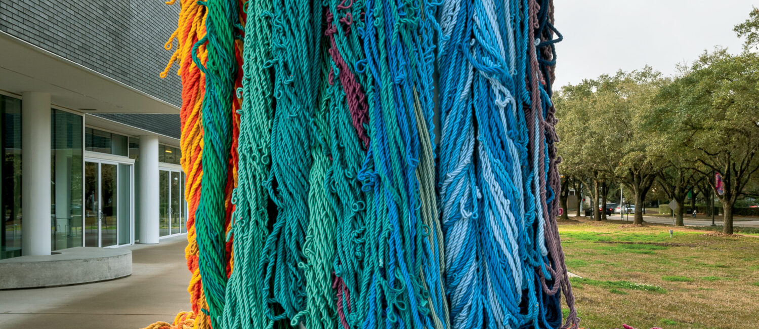 Sheila Hicks’ The Questioning Column, in Artists and the Rothko Chapel, at the Moody Center for the Arts, Rice University, Houston, 2021, wove vivid hues of the rainbow, creating fantastical towers.