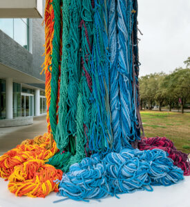 Sheila Hicks’ The Questioning Column, in Artists and the Rothko Chapel, at the Moody Center for the Arts, Rice University, Houston, 2021, wove vivid hues of the rainbow, creating fantastical towers.