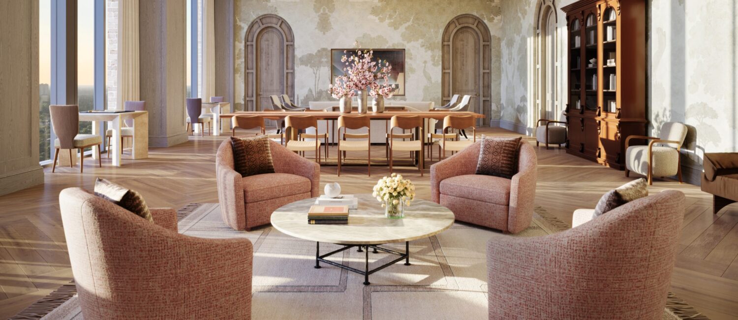 The residential lounge at The Birdsall shows the private residences’ feel.