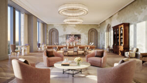 The residential lounge at The Birdsall shows the private residences’ feel.