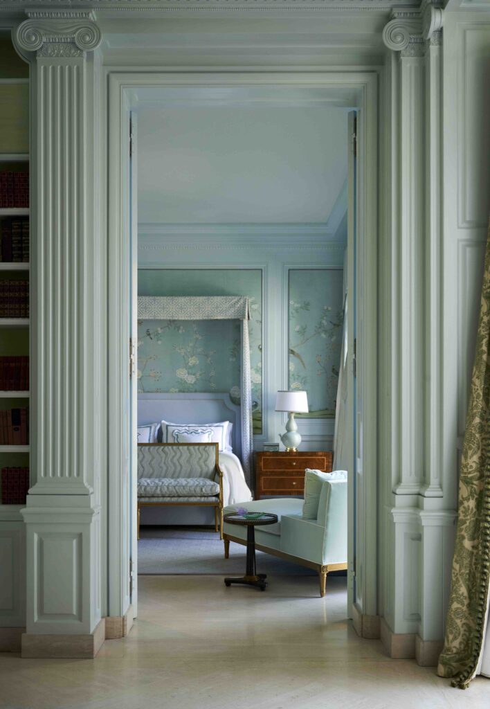 In the Young Estate in Fort Worth, a hidden door in the Georgian-era library reveals the mother-in-law’s bedroom, as refreshed by Dunbar Road. (Photo by Pär Bengtsson)
