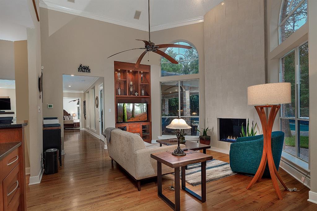 The cozy family room looks onto the backyard. 