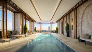 The pool at The Birdsall in The RO mixed-use development is on the 13th floor, partly covered with ironwork to create something of a sheltered space that is still open to the outside air.