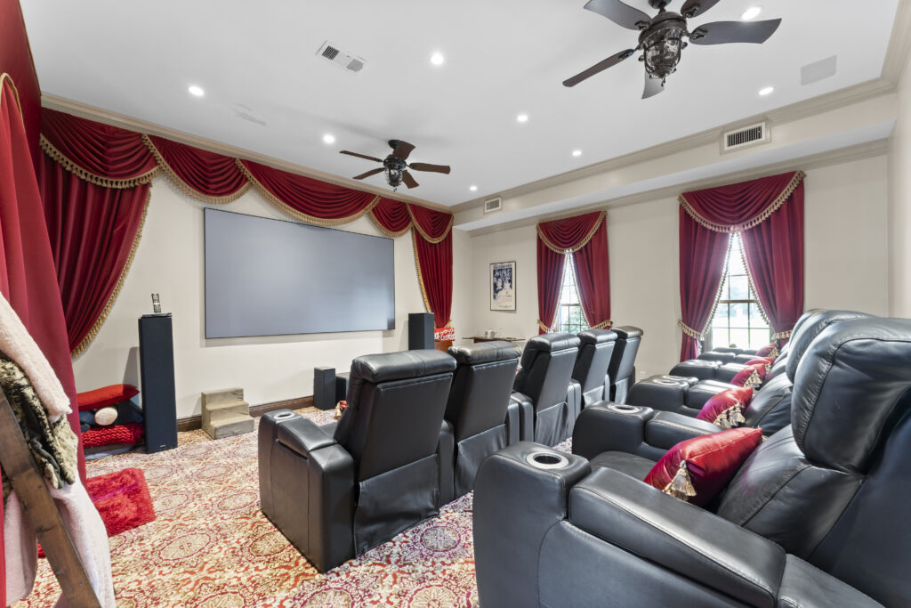 The in-home movie theater at 401 Lakeshore Drive in El Lago, Texas.  (Photo by Iconic Images)