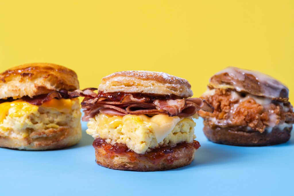 An array of breakfast biscuit sandwiches served at the new Buttermilk Baby in the M-K-T development in the Heights in Houston. (Photo by Brian Kennedy)
