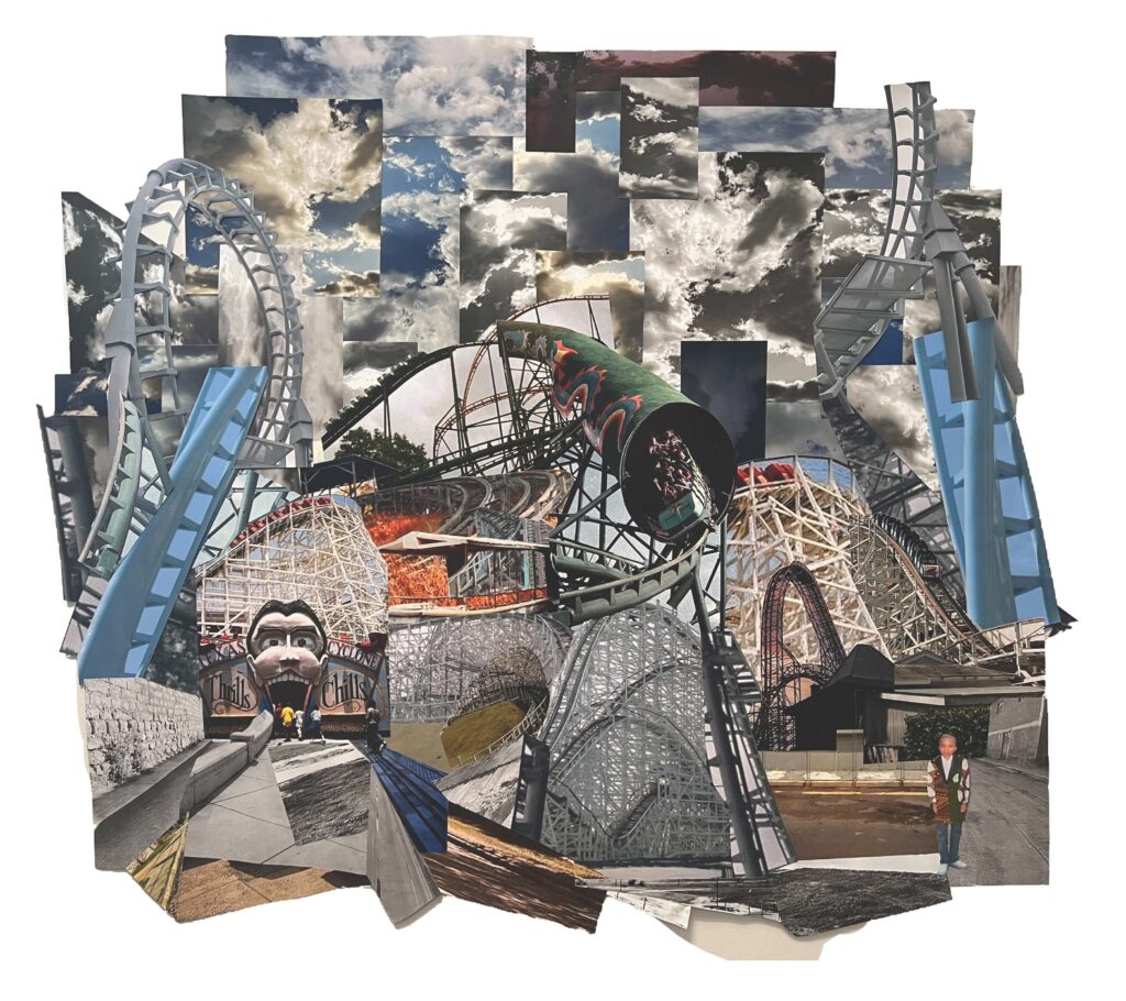 Kaima Marie Akarue's 2024 paper collage, "Can you help me find my dad?," is on display at Art Is Bond. (Courtesy Kaima Marie Akarue and Art Is Bond, Houston.)