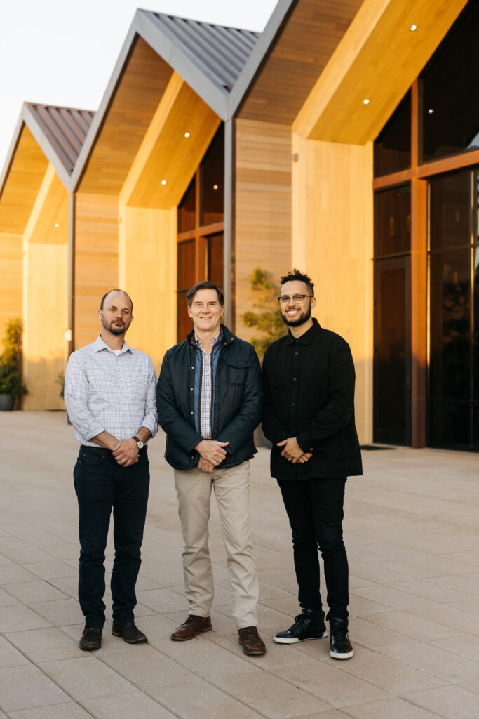 Overland Partners team members Principal Michael Monceaux, AIA, Senior Principal Architect Bob Shemwell, FAIA, and Senior Principal Dyami Luster, AIA.  (Photo by Overland Partners)