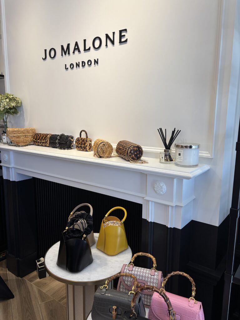 Bamboo and leather bags from the Nadia Schwab collection are showcased at the Jo Malone London boutique at Market Street.