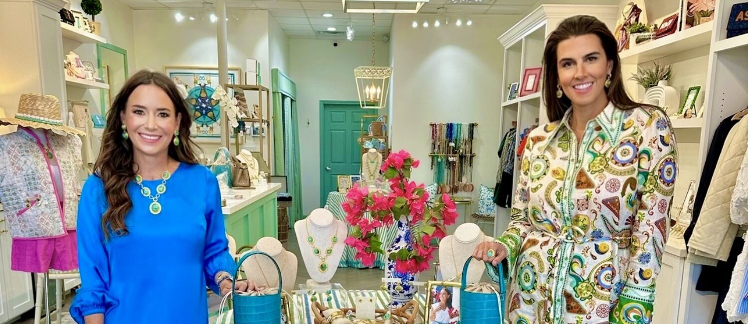 Christina McAllen, Kathryn Swain with the Christina Greene x Colores Collective Turquoise Crocodile Bucket Bag