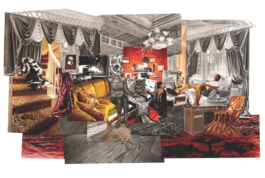 Kaima Marie Akarue's 2022 paper collage, "Is that how you treat your house guest?," is on display at Art Is Bond. (Courtesy Kaima Marie Akarue and Art Is Bond, Houston.)