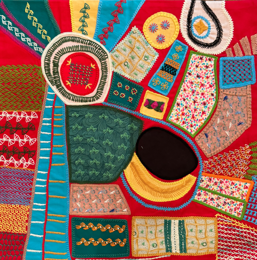 Honduran artist Yeni reinterpreted Bob Russell's "It Takes a Village," 2024, with a vibrant, contrasting palette at Andrew Durham Gallery.