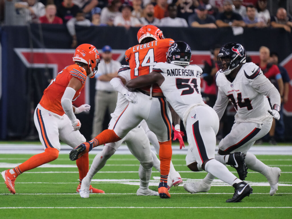 The Chicago Bears' offense  a beating from the Texans' defense. Will Anderson Jr. and the D dominated on Sunday Night Football. (Photo by F. Carter Smith)
