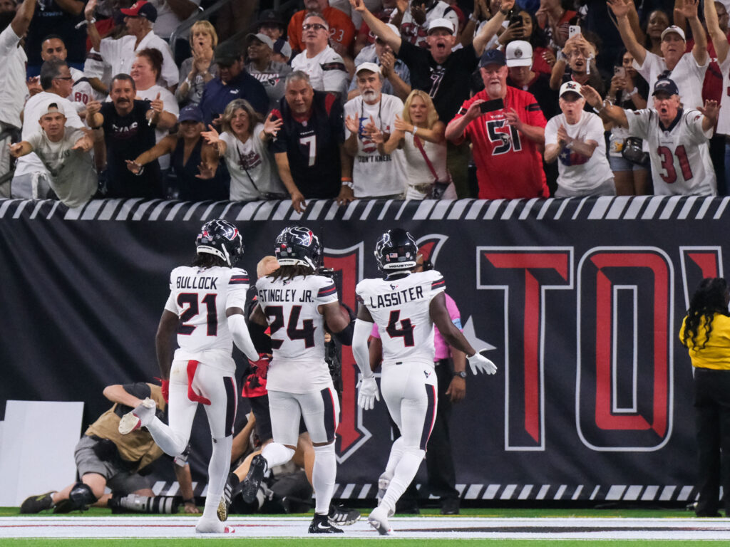 The Houston Texans secondary had plenty of big plays — and two interceptions — to celebrate in the Sunday Night Football win over the Bears. (Photo by F. Carter Smith)