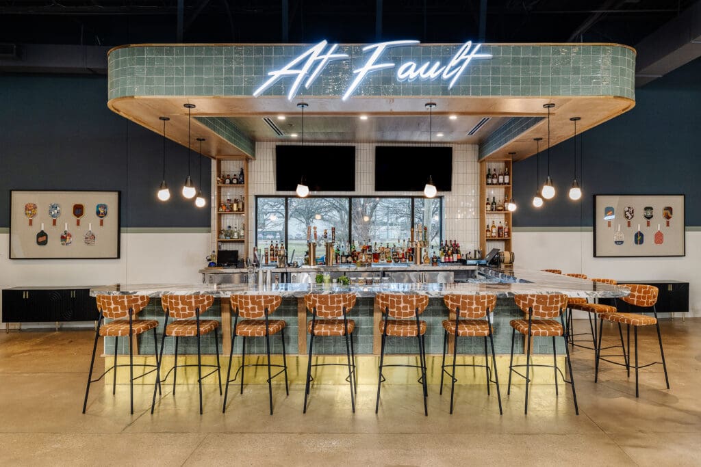 Brand new in Farmers Branch, At Fault boasts indoor pickleball courts with a full-service bar. (Courtesy)