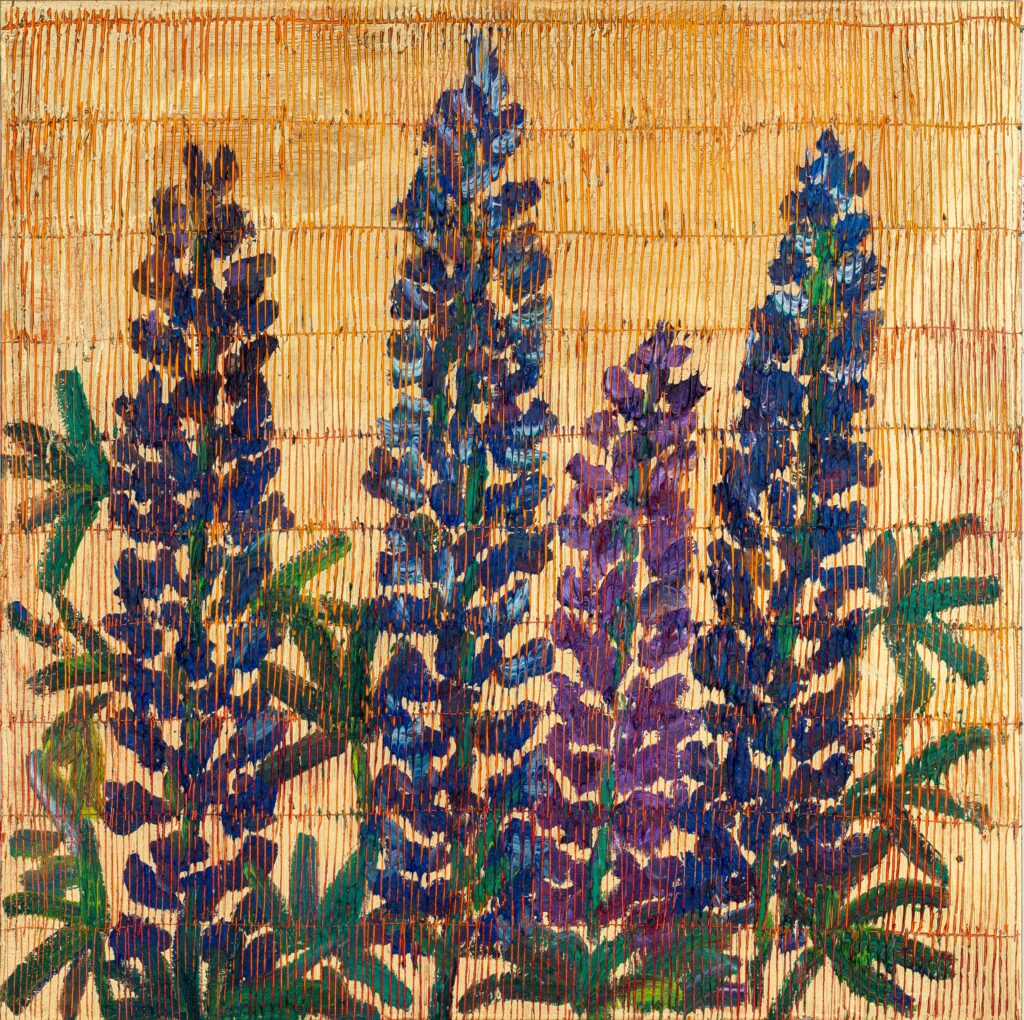 Hunt Slonem's "Larkspur Belle Terre," 2024, at Laura Rathe Fine Art, The Halles