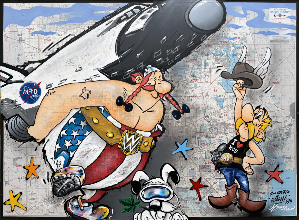 Mr. D 1987's "Frenchies in Houston," 2024, connects nostalgic cartoons from his childhood in France to his chosen home in H-town.