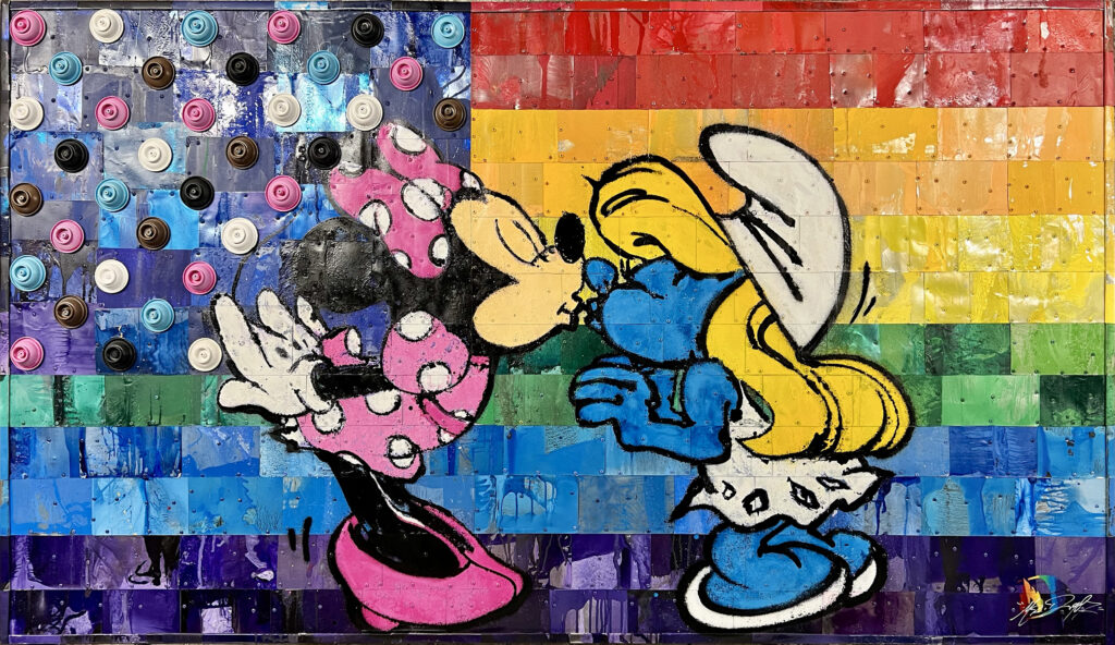 Houston-based, French muralist Mr. D 1987’s “From Montrose with Love,” 2024, is on display at Alliance Francaise de Houston. Made from the street artist’s used paint cans, the pop-art piece is part of Mr. D 1987’s “Frenchies & Friends” exhibit.