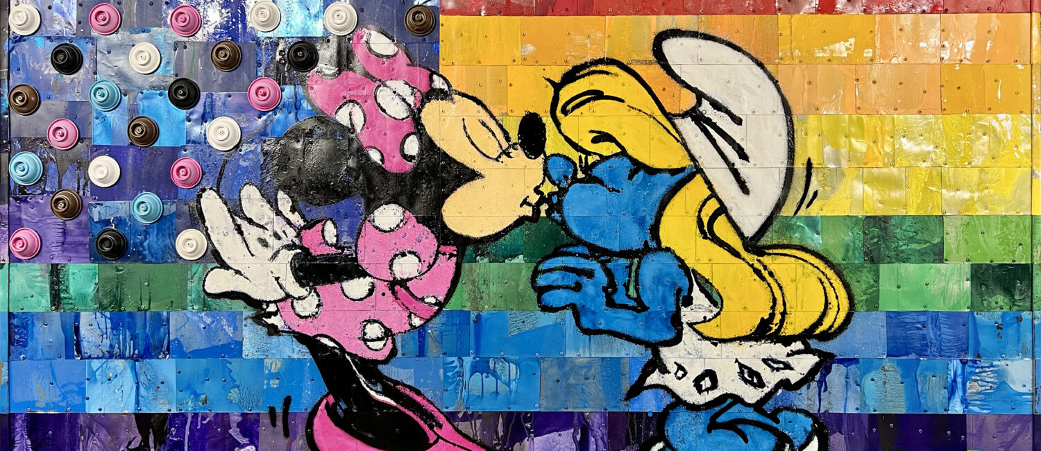 Houston-based, French muralist Mr. D 1987’s “From Montrose with Love,” 2024, is on display at Alliance Francaise de Houston. Made from the street artist’s used paint cans, the pop-art piece is part of Mr. D 1987’s “Frenchies & Friends” exhibit.
