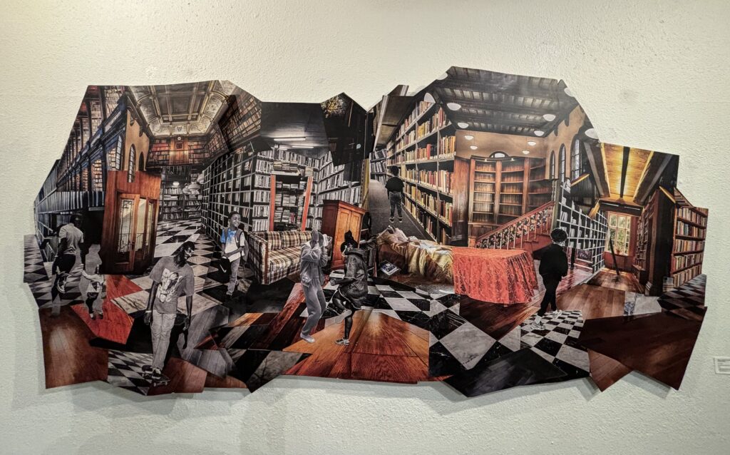 Kaima Marie Akarue's 2023 work, "Mama said don't play in the house," at The Anderson Center for the Arts. Laminate wood panel and vinyl. (Photo by Ericka Schiche.)