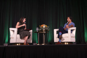 Moderator Natalie Nanasi and featured speaker Justin Baldoni (Photo by Tamytha Cameron and Celeste Cass)