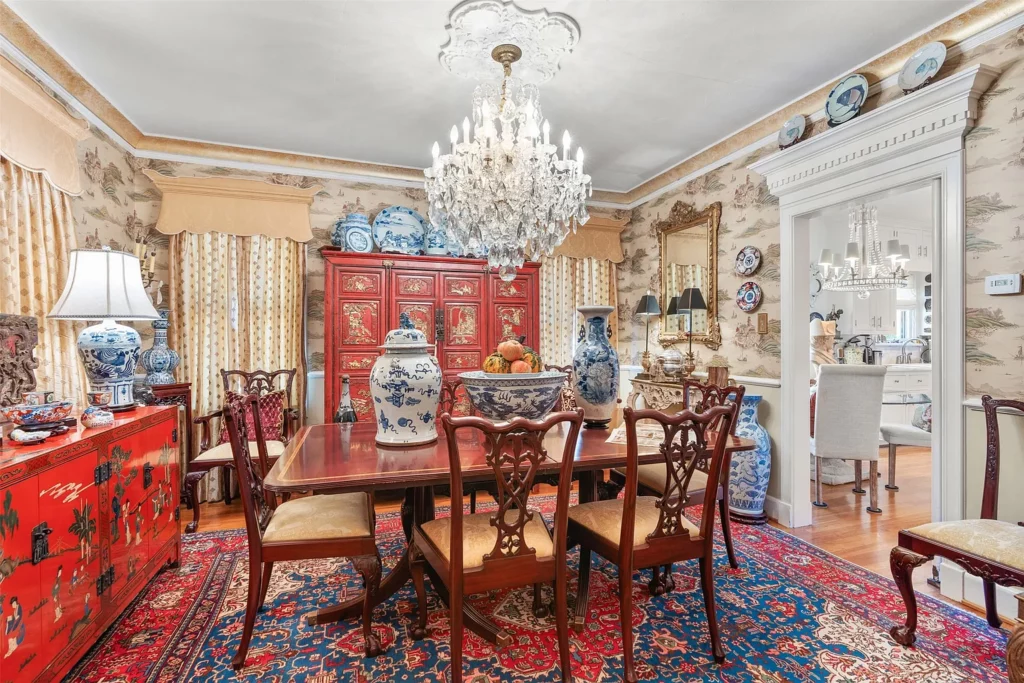 1915 Berkeley Place, with historic moldings, medallions and wallpapers in the formal dining.