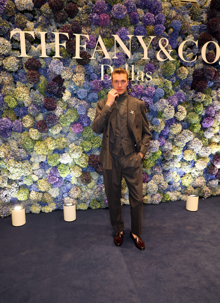 Lucky Blue Smith wearing Jean Schlumberger by Tiffany Floral Leaves clip in 18k gold with diamonds (Photo by Richard Rodriguez/Getty Images for Tiffany & Co.)