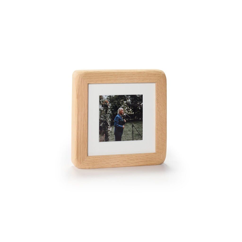 The Solid Oak Square Tabletop Frame is made from durable oak, offering a timeless way to display cherished memories. (Photo courtesy Framebridge)