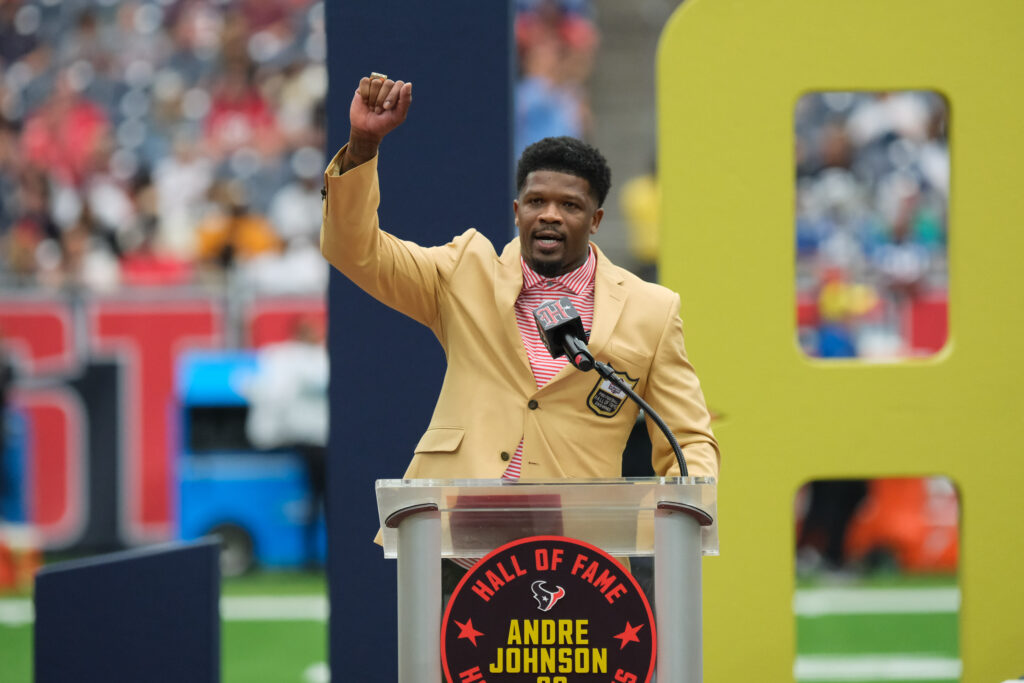 Houston Texans Hall of Famer Andre Johnson pumped up the crowd on his ring day. (Photo by F. Carter Smith)