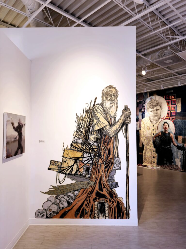 "Untitled" by painter Jerome Lagarrigue and "Milton II" by artist Swoon (Caledonia Curry) in "BAN THIS SHOW." (Photo by Brenda Ciardiello)