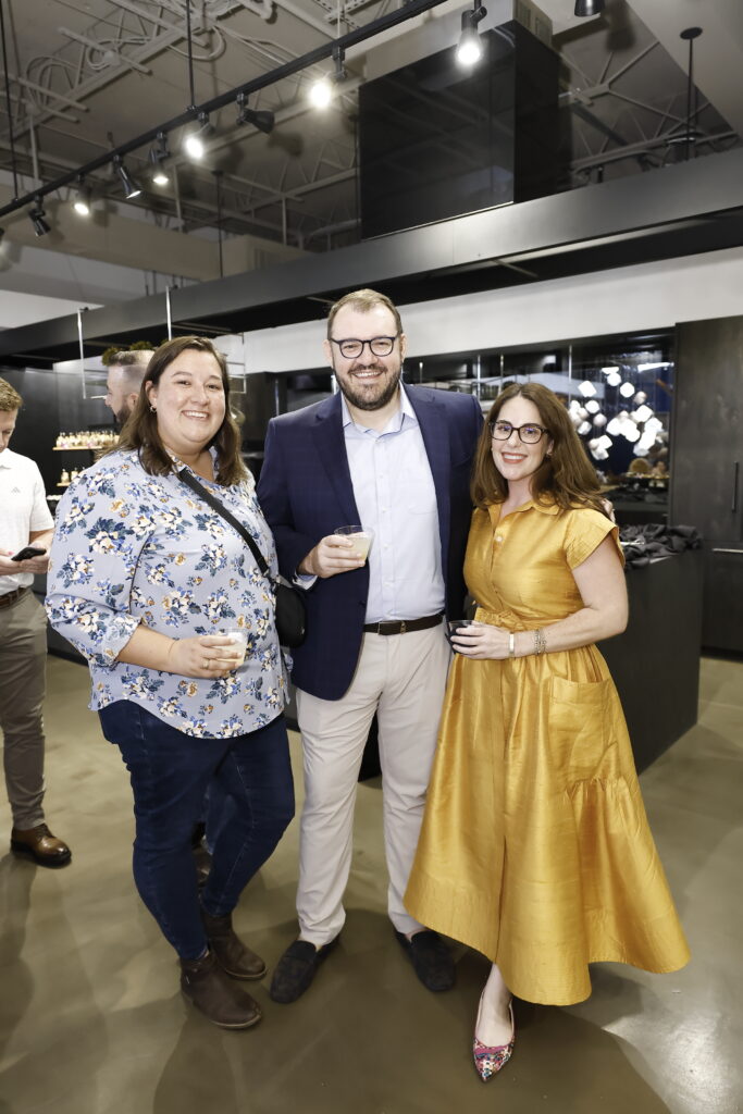 Kaitlin Stein, Greg Roffino, Clair Hedgcoxe at the AIA Houston Home Tour Appreciation Party (Photo by Quy Tran)