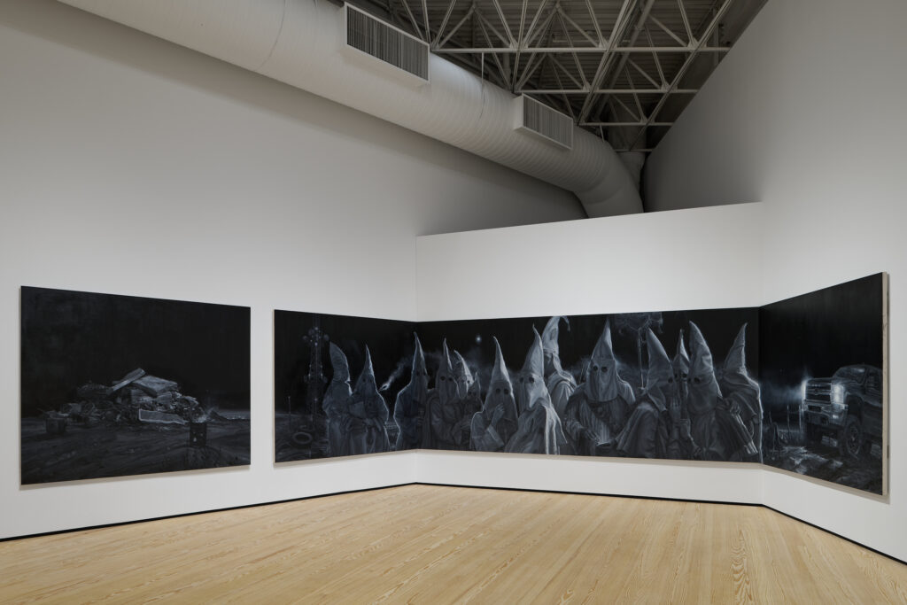 Vincent Valdez, The Beginning is Near (An American Trilogy), Chapter One: The City, The City I (2015-16). Oil on canvas. Inspired by Philip Guston’s The City Limits, Valdez’s work challenges us to confront the enduring legacies of racial violence and white supremacy in American society. (Photo courtesy the artist)