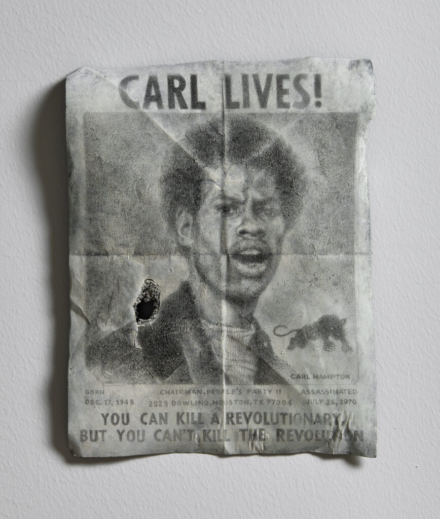 Vincent Valdez, "Notes for a Future" (2024). Pencil on bronze. Cast at King Foundry, Houston, Texas. This bronze drawing honors the legacy of Houston icon Carl Hampton, the leader of the People’s Party II, a precursor to the Houston chapter of the Black Panther Party. (Photo courtesy the artist)