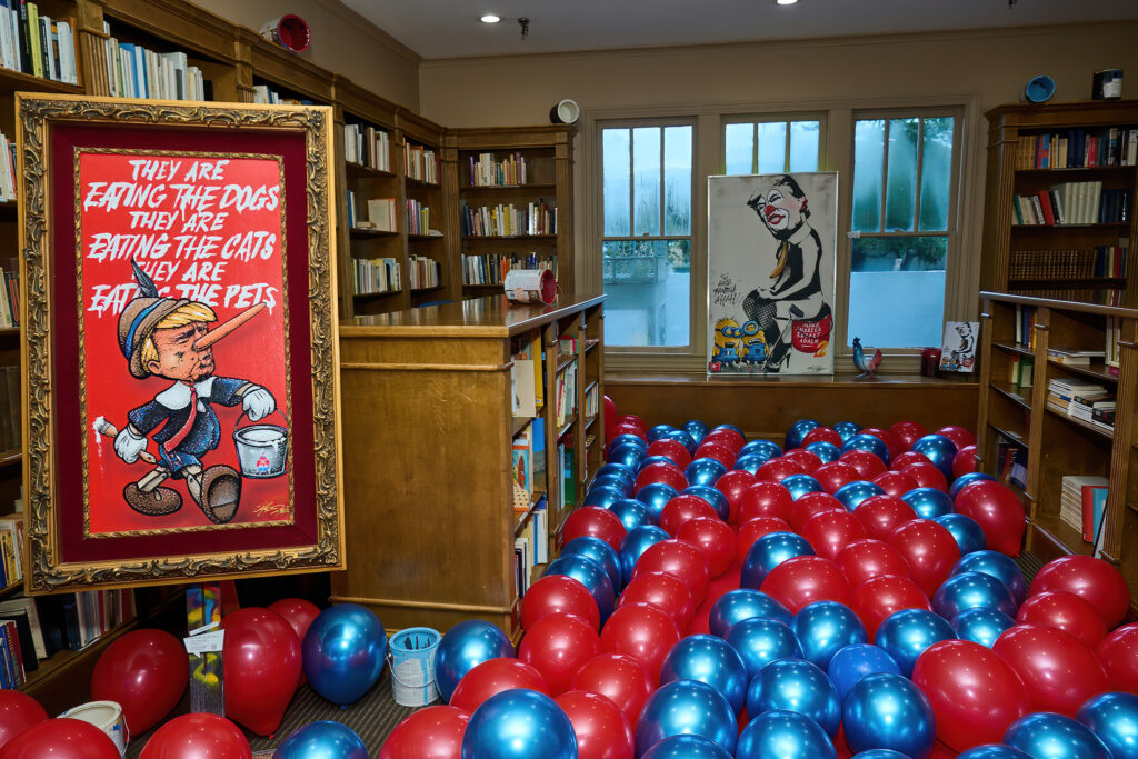 Mr. D 1987's "Cats and Dogs," 2024 is on view at Alliance Francaise de Houston. Disclaimer: Alliance Francaise support artists and their rights to express themselves. The content of this exhibition reflects the artist’s vision and is not an endorsement by Alliance Francaise (Photo by Charlie Horse Photography)