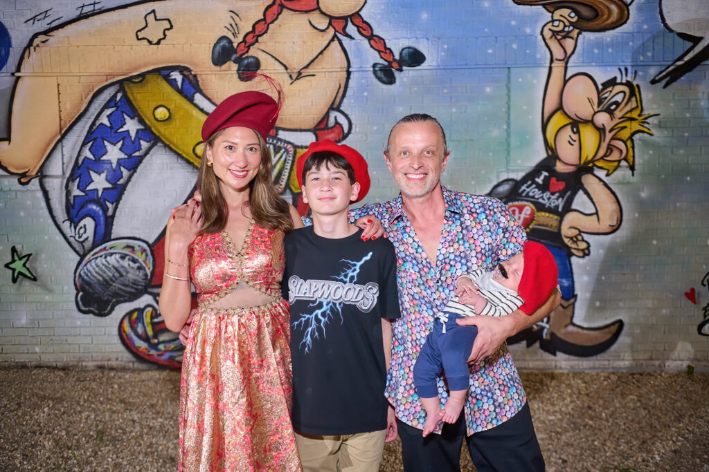 Karla Modesto, Maverick Modesto, Sebastien "Mr. D 1987" Boileau, Louis Boileau at the "Frenchies & Friends" opening celebration at Alliance Française de Houston. (Photo by Charlie Horse Photography)