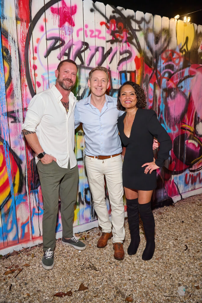 Eric Barruetta, DJ "Little Martin" Prendergast, Sully Barruetta at the "Frenchies & Friends" opening celebration at Alliance Française de Houston. (Photo by Charlie Horse Photography)