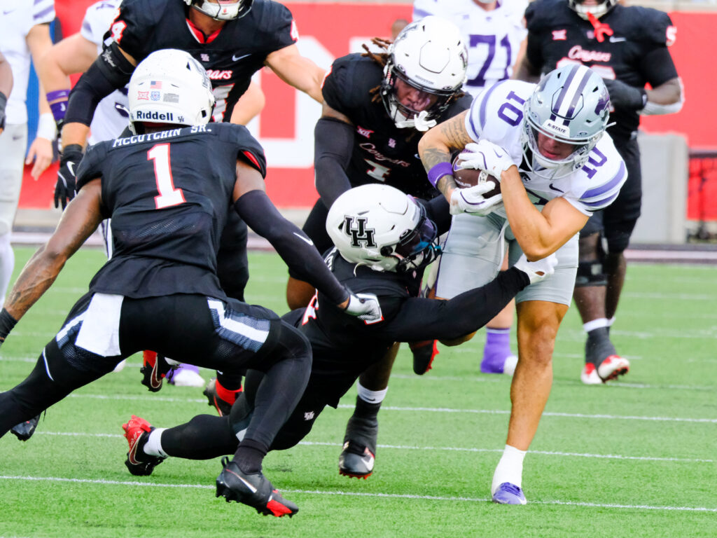 Houston's defense is well schooled and hungry with guys like Latrell McCutchin Sr. (No. 1) putting themselves in position to make plays. (Photo by F. Carter Smith)