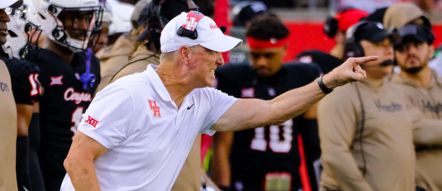 UH football head coach Willie Fritz leads the University of Houston Cougars to an upset victory over 17-th ranked Kansas State on a rainy Saturday afternon in TDECU Stadium