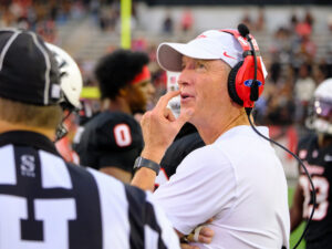 UH football head coach Willie Fritz leads the University of Houston Cougars to an upset victory over 17-th ranked Kansas State on a rainy Saturday afternon in TDECU Stadium