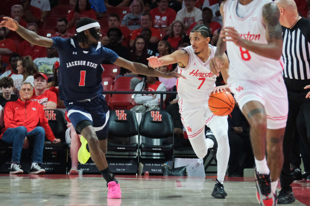 University of Houston point guard Milos Uzan is capable of creating on the break.(Photo by F. Carter Smith)