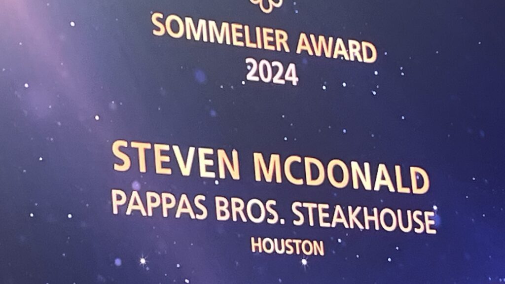 Pappas Bros. Steakhouse sommelier Steven McDonald saw his name in lights at the Michelin awards held in Houston. (Photo by Chris Baldwin)