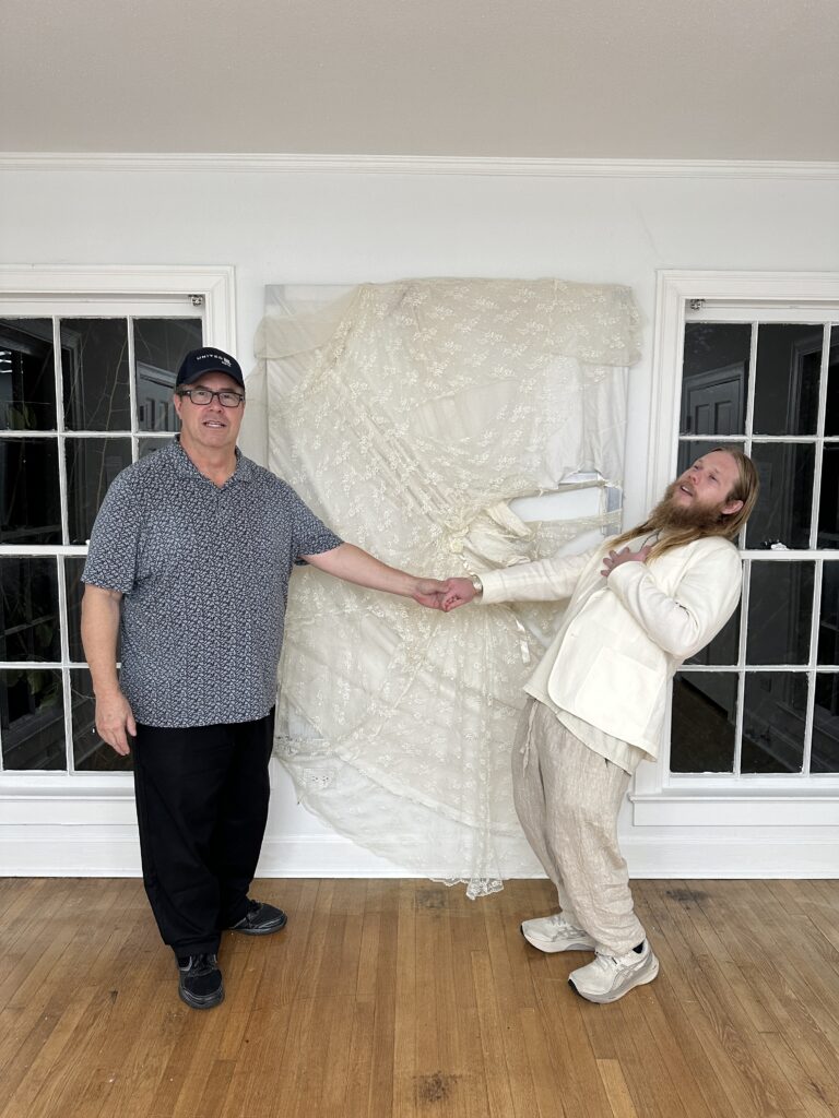 Houston-based art superstar Mark Flood, artist Preston Douglas Boyer at "COUTUME" exhibit at Ruby Projects (Photo by Megan Olivia Ebel)