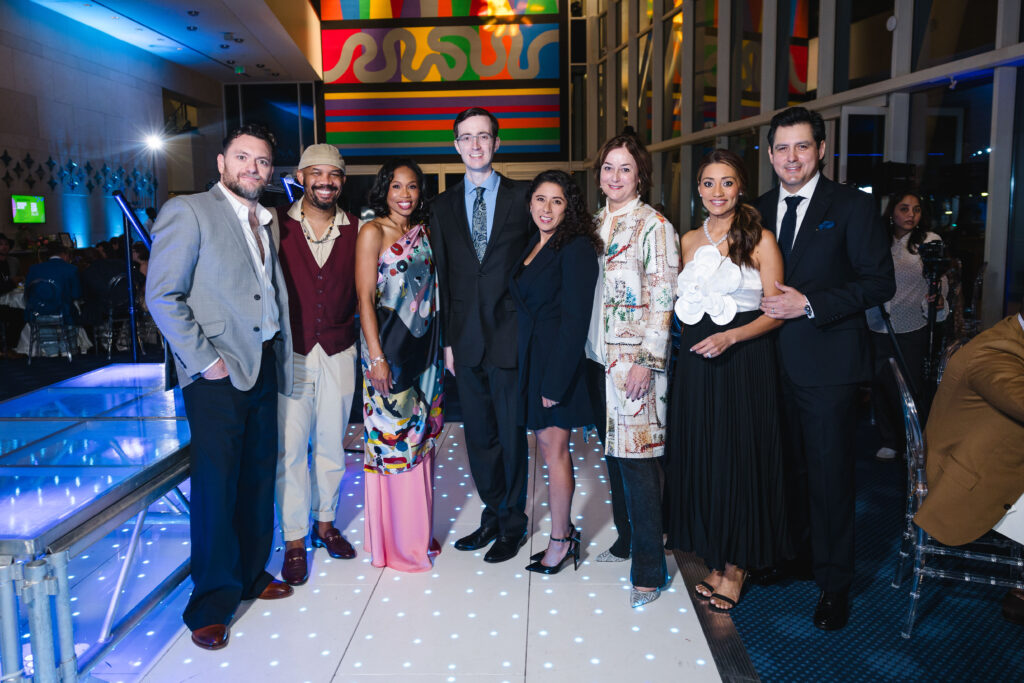 John Abodeely, Outspoken Bean, Roslyn Bazzelle Mitchell, David James, Judge Lina Hidalgo, Leigh Smith, Rita Garcia, Sergio Selvera at Houston Arts Alliance's ‘The World’s Stage’ Gala at the Hobby Center. (Photo by Johnny Than)