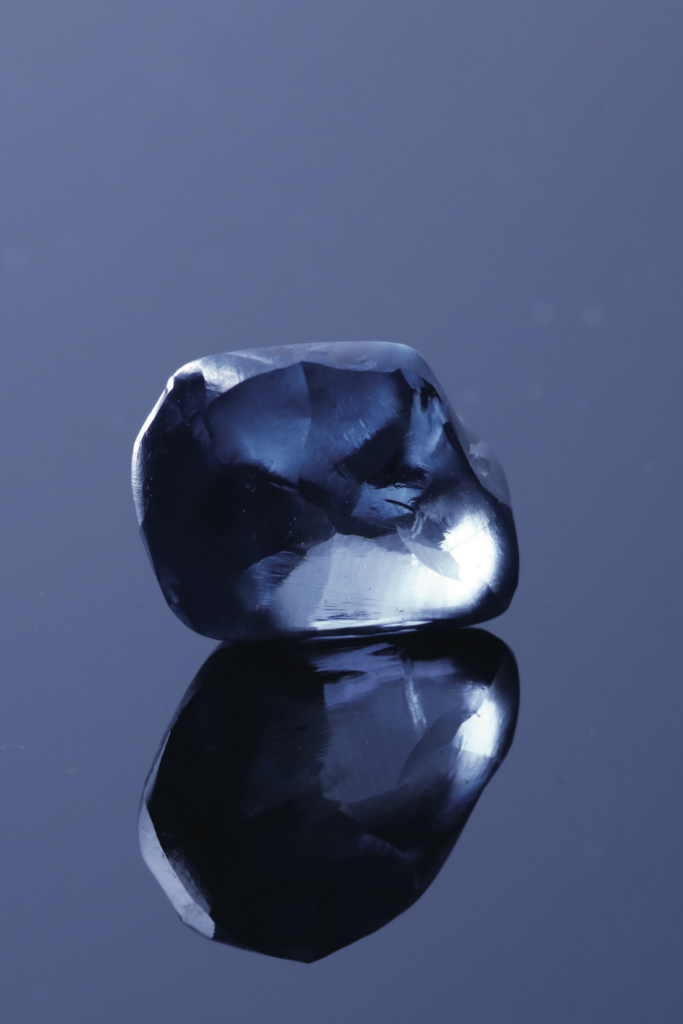 The Okavango Blue, a 20.46 carat fancy deep blue diamond discovered in the Orapa Mine in 2018.