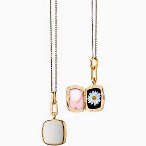 Monica Rich Kosann 18K Yellow Gold Vermeil Over Sterling Silver Cushion Shape White Enamel Locket On Black Steel Chain 17"