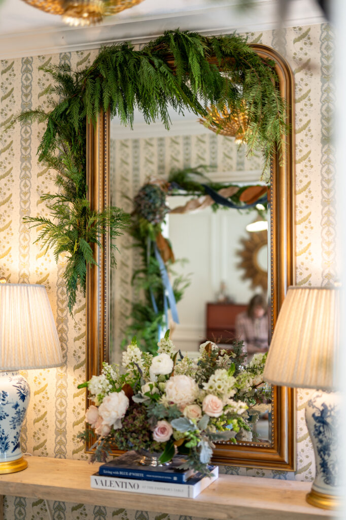 Details of Taryn Proler's floral decor in the Knapp home for the Kappa Kappa Gamma 'Holiday Pilgrimage' (Photo by Chris Bailey Photography)